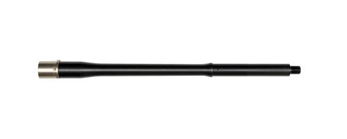 Angled top down view of a 5.56, 16 inch, MTOP profile, nitride, 1 in 7 twist barrel with a mid length gas system