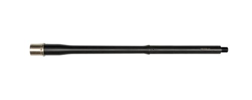 Angled top down view of a 5.56, 16 inch, MTOP profile, nitride, 1 in 7 twist barrel with a mid length gas system